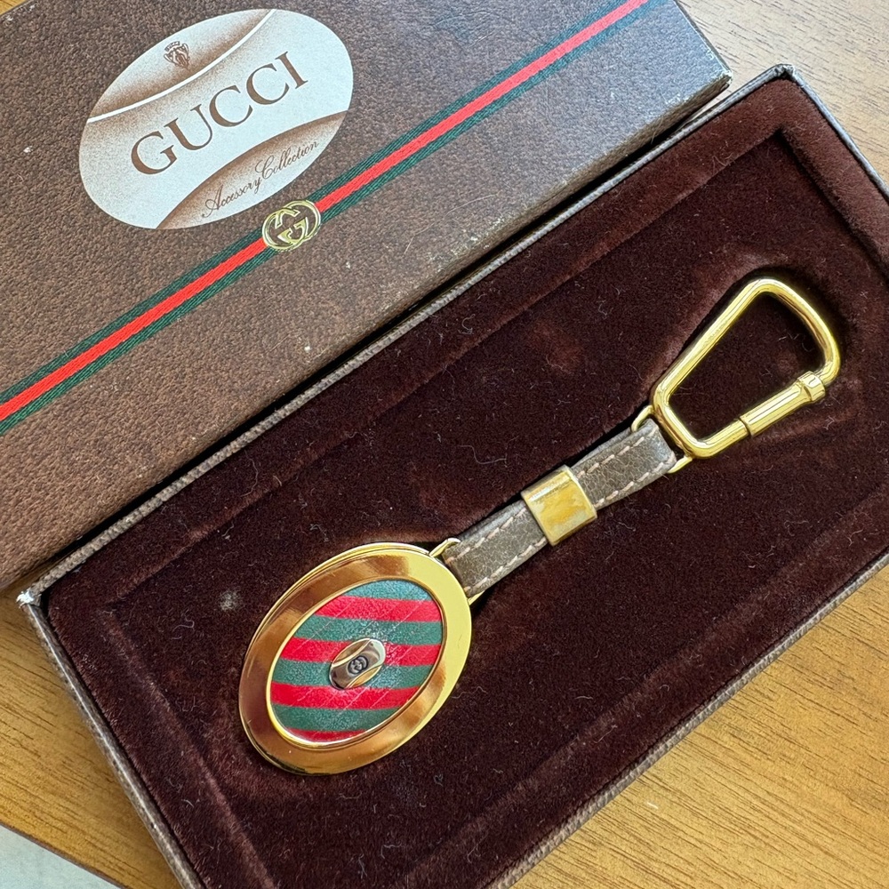 Vtg 1980s Gucci Red & Green Stripe Leather Keychain with Gold Hardware